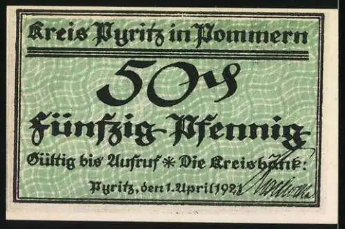 Notgeld Pyritz 1921, 50 Pfennig, Bauer mit Pferde-Pflug, Fisch