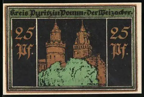 Notgeld Pyritz in Pommern 1921, 25 Pf, Burgtürme und Bäume