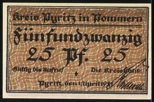 Notgeld Pyritz in Pommern 1921, 25 Pf, Burgtürme und Bäume