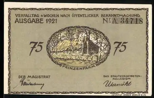 Notgeld Plön 1921, 75 Pfennig, Prinzenfarm und Herzogslusthaus, Seriennummer N/A 34718, Stadtwappen