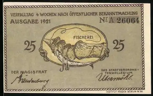 Notgeld Plön 1921, 25 Pfennig, Fischerei-Motiv, Stadtansicht von Plön, Menschen in traditioneller Kleidung.