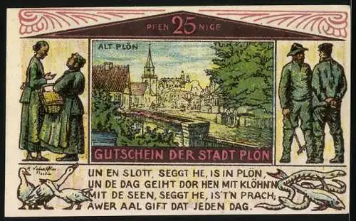 Notgeld Plön 1921, 25 Pfennig, Fischerei-Motiv, Stadtansicht von Plön, Menschen in traditioneller Kleidung.