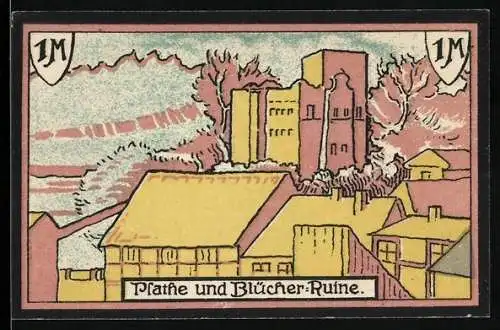 Notgeld Plathe, 1 Mark, Plathe und Blücher-Ruine, roter Greif im Wappen