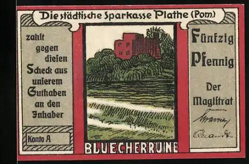 Notgeld Plathe 1921, 50 Pfennig, Blücherruine und Wappen mit Szenen und Sprüchen