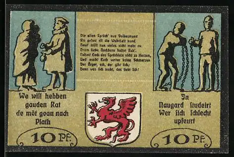 Notgeld Plathe 1921, 10 Pfennig, Wappen mit Greif, zwei Figuren mit Ketten, Kirche im Hintergrund