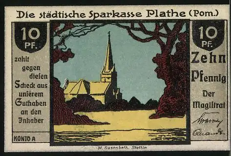 Notgeld Plathe 1921, 10 Pfennig, Wappen mit Greif, zwei Figuren mit Ketten, Kirche im Hintergrund