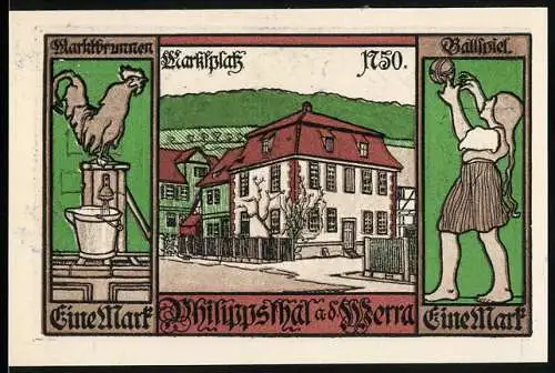 Notgeld Philippsthal 1921, 1 Mark, Marktplatz und Markbrunnen, Wappen mit Löwen