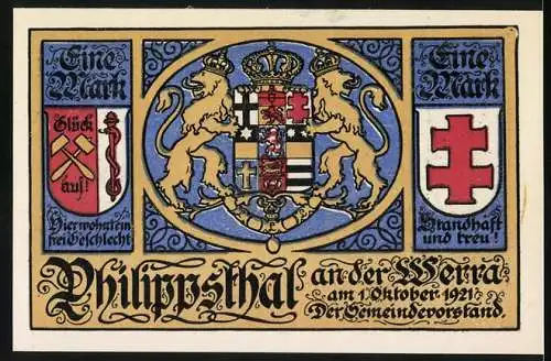 Notgeld Philippsthal 1921, 1 Mark, Marktplatz und Markbrunnen, Wappen mit Löwen