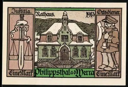 Notgeld Philippsthal 1921, 1 Mark, Rathaus, Justitia mit Schwert, Ortsdiener, Wappen mit zwei Löwen