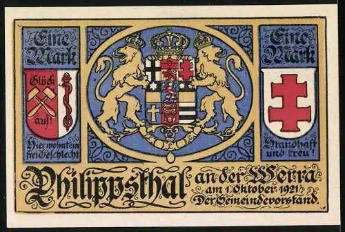 Notgeld Philippsthal 1921, 1 Mark, Rathaus, Justitia mit Schwert, Ortsdiener, Wappen mit zwei Löwen