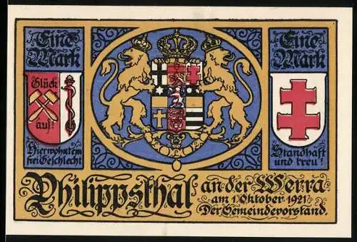 Notgeld Philippsthal 1921, 1 Mark, Wappen mit Löwen und historische Figuren vor Schloss.