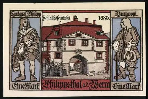 Notgeld Philippsthal 1921, 1 Mark, Wappen mit Löwen und historische Figuren vor Schloss.