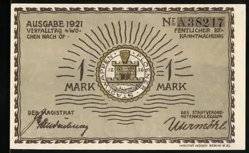 Notgeld Plön 1921, 1 Mark, Stadtwappen und Stadtansicht mit Segelboot und Burg