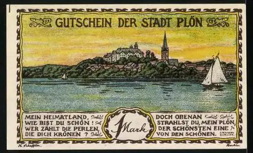 Notgeld Plön 1921, 1 Mark, Stadtwappen und Stadtansicht mit Segelboot und Burg