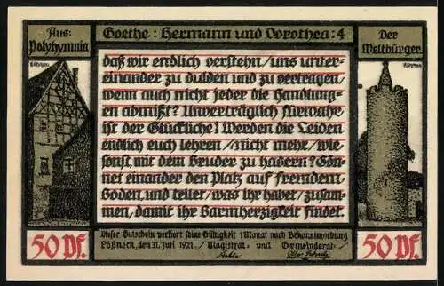 Notgeld Pössneck 1921, 50 Pfennig, Goethe-Zitat und historische Szenen