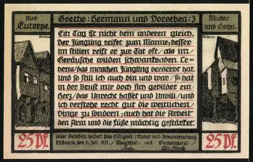 Notgeld Pössneck 1921, 25 Pfennig, Mutter und Sohn mit Stadtansicht und Goethe-Zitat