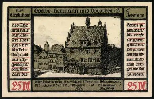 Notgeld Pössneck 1921, 25 Pfennig, Frau und Mann mit Tieren, Stadtansicht