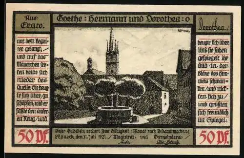 Notgeld Pössneck 1921, 50 Pfennig, Goethe: Hermann und Dorothea, Landschaft mit Kirche und Brunnen, Paar auf Mauer