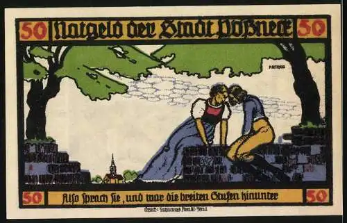 Notgeld Pössneck 1921, 50 Pfennig, Goethe: Hermann und Dorothea, Landschaft mit Kirche und Brunnen, Paar auf Mauer