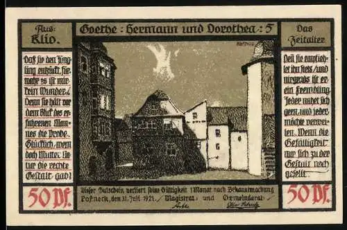 Notgeld Pössneck 1921, 50 Pfennig, Goethe-Motiv mit Gebäuden und Figuren