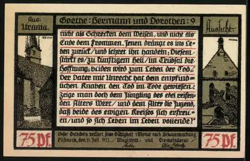 Notgeld Pössneck 1921, 75 Pfennig, Goethe Hermann und Dorothea Zitat, Menschen und Gebäude Abbildung