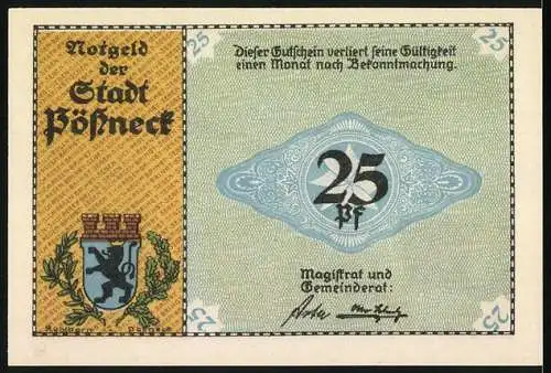 Notgeld Pössneck, 25 Pf, Alte Gerberhäuser und Pössnecker Leder, Wappen der Stadt Pössneck