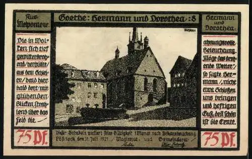 Notgeld Pössneck 1921, 75 Pfennig, Paar in der Sonne und Stadtansicht mit Kirche