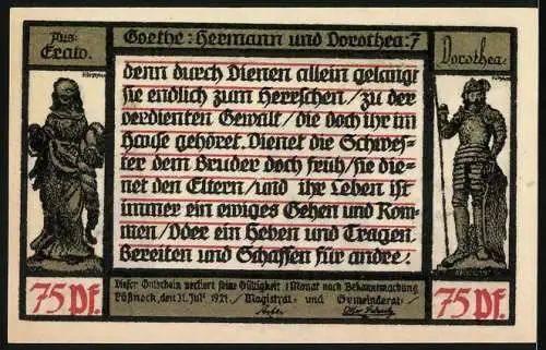 Notgeld Pössneck 1921, 75 Pfennig, Goethe-Hermann und Dorothea, Familie und Skulpturen