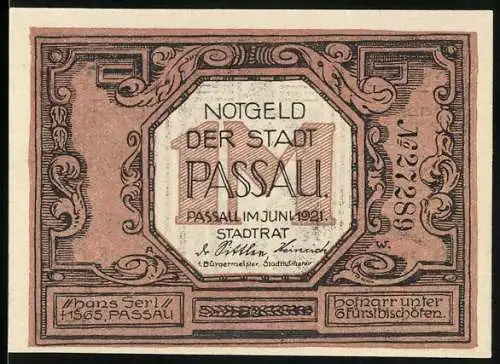 Notgeld Passau 1921, 1 Mark, Hans-Sörl-Skulptur und Inschriften, Seriennummer 179289