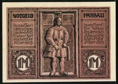 Notgeld Passau 1921, 1 Mark, Hans-Sörl-Skulptur und Inschriften, Seriennummer 179289