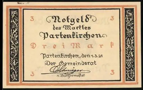 Notgeld Partenkirchen 1921, 3 Mark, Landschaftsgemälde und florale Muster