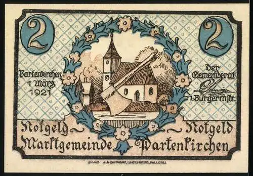 Notgeld Partenkirchen 1921, 2 Mark, Landschaft und Kirche, Seriennummer, Wappen