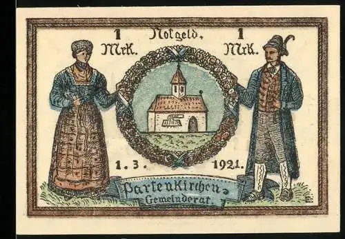 Notgeld Partenkirchen 1921, 1 Mark, Trachtenpaar und Kirche, Dorfansicht mit Bergen