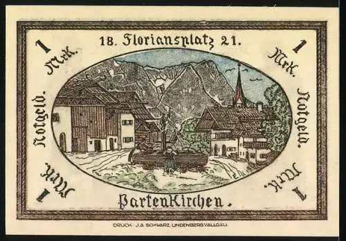 Notgeld Partenkirchen 1921, 1 Mark, Trachtenpaar und Kirche, Dorfansicht mit Bergen