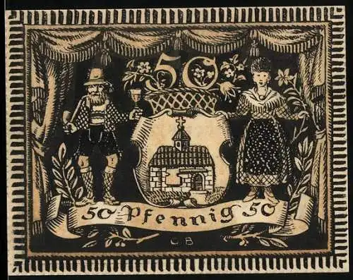 Notgeld Partenkirchen 1921, 50 Pfennig, Wappen mit Mann und Frau in Tracht