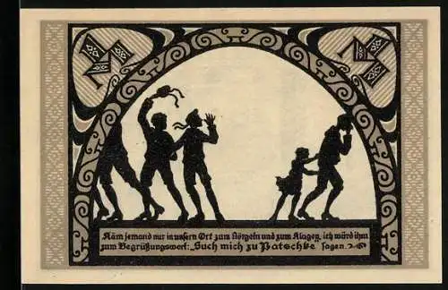 Notgeld Patschkau 1921, 1 Mark, Silhouetten von Menschen und Stadtansicht mit Wappen und Türmen