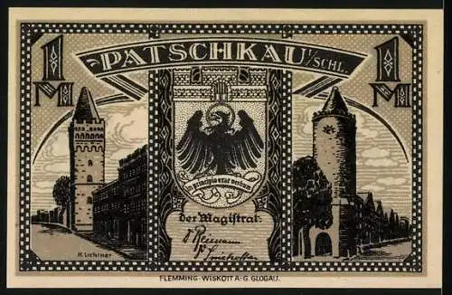 Notgeld Patschkau 1921, 1 Mark, Silhouetten von Menschen und Stadtansicht mit Wappen und Türmen