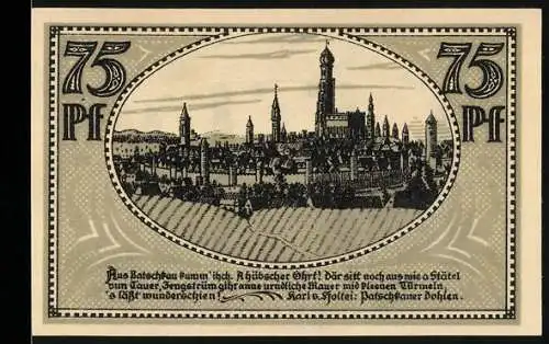 Notgeld Patschkau, 75 Pf, Stadtansicht mit Türmen und Stadtwappen