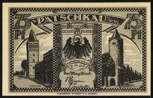 Notgeld Patschkau, 75 Pf, Stadtansicht mit Türmen und Stadtwappen