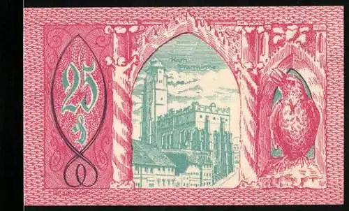 Notgeld Patschkau 1921, 25 Pfennig, Stadtansicht und Vogel, Seriennummer 66977