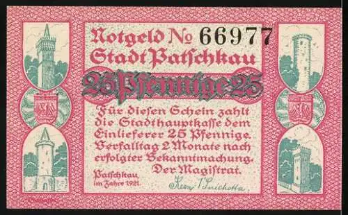 Notgeld Patschkau 1921, 25 Pfennig, Stadtansicht und Vogel, Seriennummer 66977