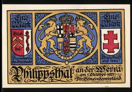 Notgeld Philippsthal 1921, 1 Mark, Wappen mit zwei Löwen und Kurhaus-Motiv