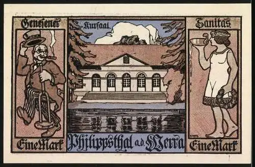 Notgeld Philippsthal 1921, 1 Mark, Wappen mit zwei Löwen und Kurhaus-Motiv