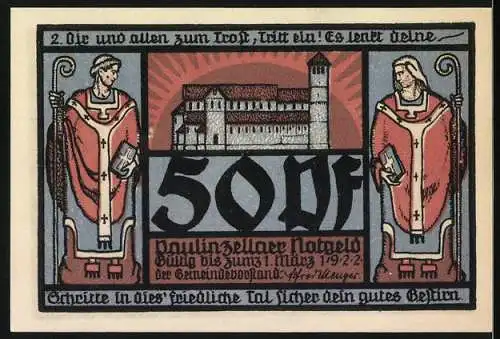 Notgeld Paulinzella 1921, 50 Pfennig, Kloster mit zwei Geistlichen und gotische Arkaden