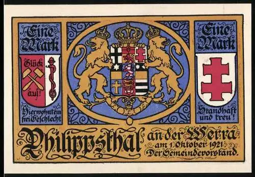 Notgeld Philippsthal 1921, 1 Mark, Wappen mit Löwen und historische Figuren