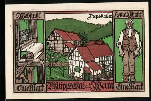 Notgeld Philippsthal 1921, 1 Mark, Weberstuhl, Fachwerkhäuser und Mann, Wappen mit zwei Löwen