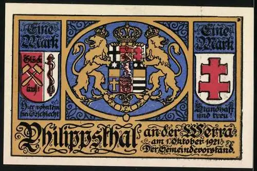 Notgeld Philippsthal 1921, 1 Mark, Weberstuhl, Fachwerkhäuser und Mann, Wappen mit zwei Löwen