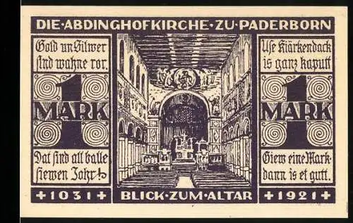 Notgeld Paderborn 1921, 1 Mark, Abdinghofkirche, Blick zum Altar, evangelische Kirchenkasse