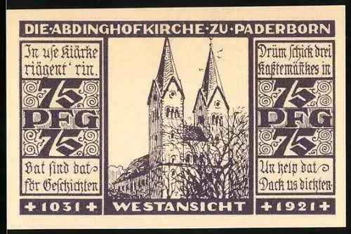 Notgeld Paderborn 1921, 75 Pfennig, Abdinghofkirche Westansicht, lila Druck