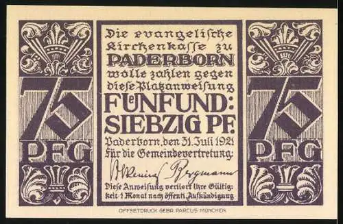 Notgeld Paderborn 1921, 75 Pfennig, Abdinghofkirche Westansicht, lila Druck